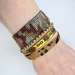 RARE HIPANEMA 4 Stranded Bracelet Brown Leopard Seed Bead Gold Tone Rhinestone